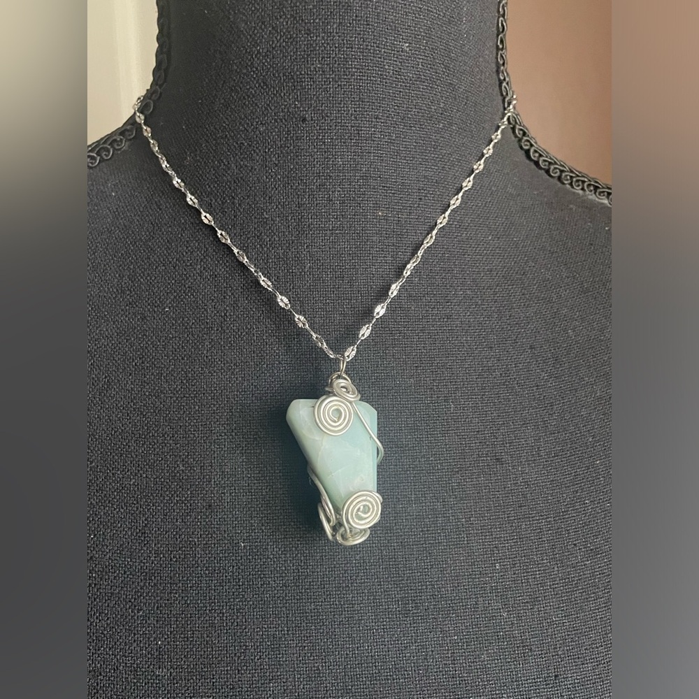 Handcrafted Silver Wire green calcite Pendant Necklace - Light Blue